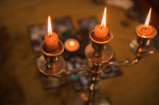 Altar on a velvet a candle and other stuff. Practical magic, wiccan or pagan illustration