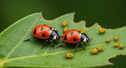 Fototapeta premium Ladybird beetles on infested leaf in wide macro frame with orange aphids and clean green tones