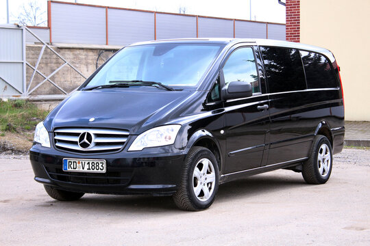 Vinnytsia, Ukraine; April 11, 2026. Black passenger Van Mercedes-Benz Vito Viano at city street. Modern Family Van Mercedes-Benz Vito at parking. Front left view.