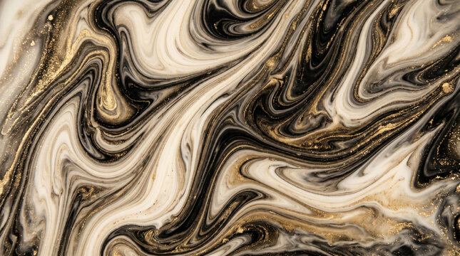 Elegant black, white, and gold marbled pattern with swirling textures and gold specks on a colored background