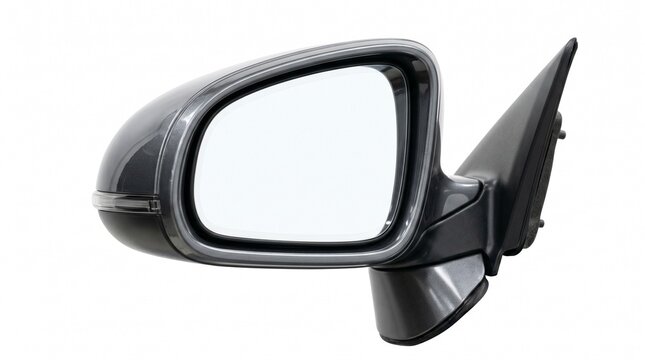 ウインカー内蔵型自動車用サイドミラーのクローズアップ。スタイリッシュなメタリックグレーのドアミラー、外装パーツカタログや広告、修理・交換向け白背景商品写真素材