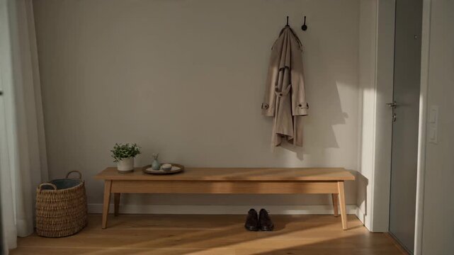 Inviting Modern Hallway Interior with Wooden Bench, Coat Rack, and Natural Light, Creating