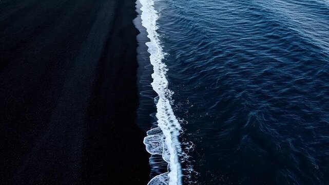 Aerial view of ocean waves meeting black sand beach