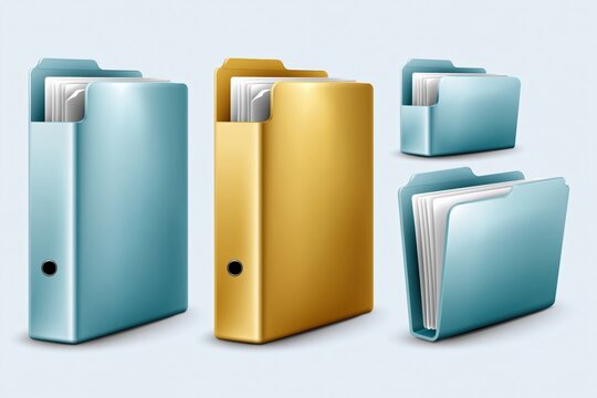 Standing binders and open folders on neutral surface