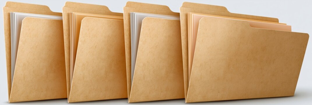 Manila file folders standing with papers on white surface
