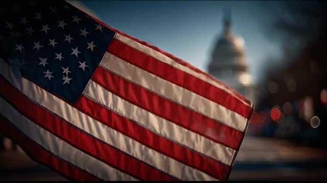 American flag in foreground with Capitol building in background