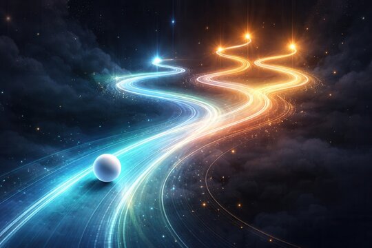 Glowing paths of light in space symbol of choice destiny journey and future direction