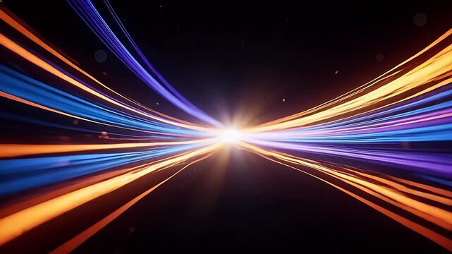 Colorful light streaks converging on black background