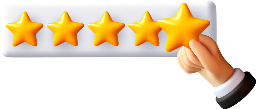 3D Cartoon hand giving five star rating.