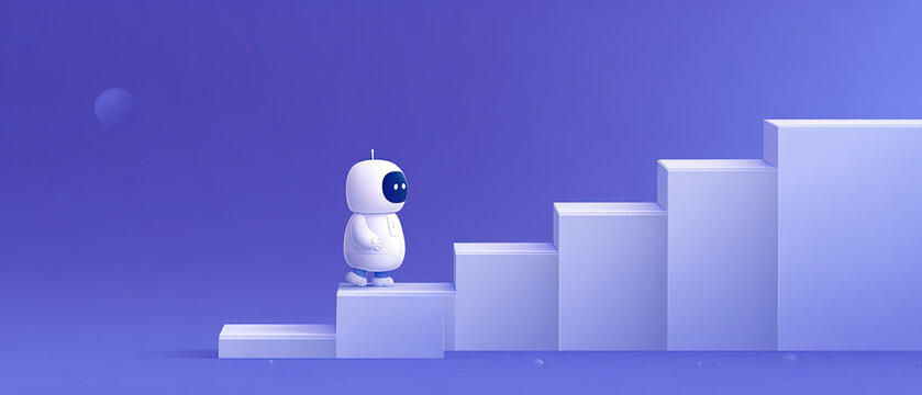Futuristic robot ascending geometric steps on a minimal blue background, symbolizing growth, innovation, and progress.
