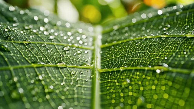 Macro shot of a green leaf with water droplets after rain.