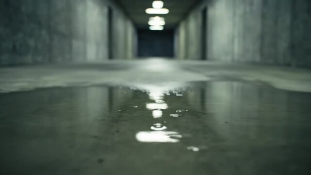 Subtle ambient light washes a smooth concrete hallway reflecting in a shallow puddle
