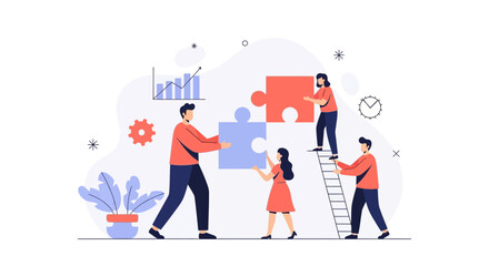Fototapeta premium Teamwork and Collaboration: People assembling puzzle pieces, business strategy concept