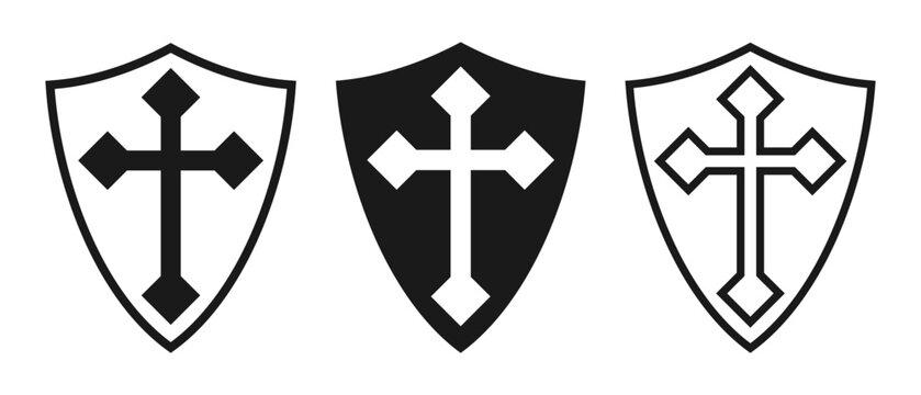 Shield with cross collection. Coat of arms christianity icon symbol. Heraldry crusade logo sign. Vector illustration image.