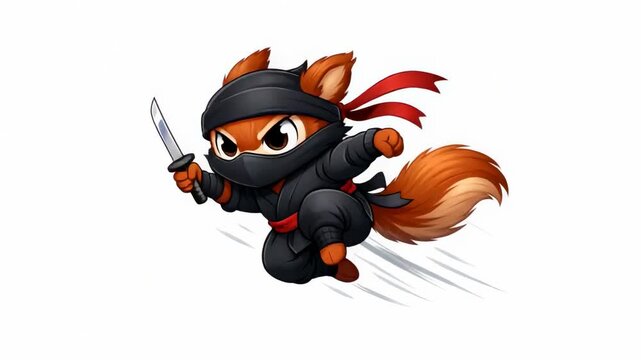 Cute ninja fox character with sword dynamic action pose cartoon style isolated on white background