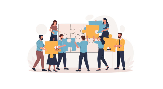 Teamwork assembling puzzle pieces, business collaboration, strategy, and problem-solving concept