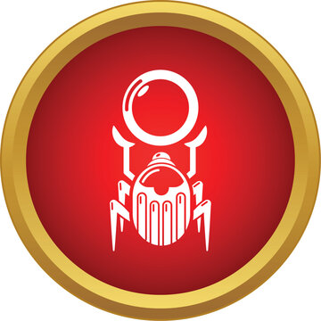 Egyptian scarab beetle with a sun disk above on a red background with a golden border