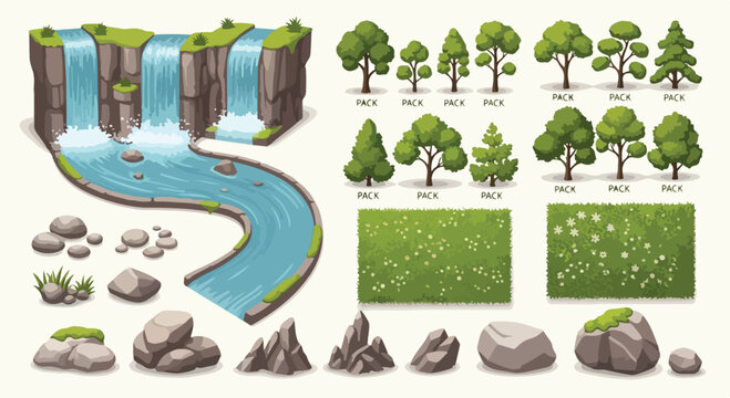 Isometric Nature Landscape Elements Vector Set with Waterfall, Trees, Rocks, and Grass Textures