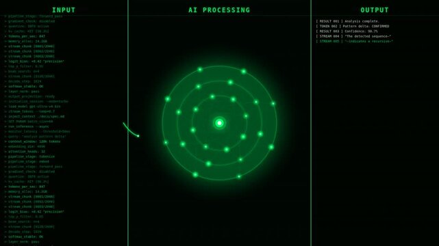 A vibrant green circular graphic displays data in a formatted layout, showcasing input and output points