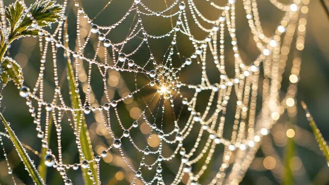 Intricate spiderweb adorned with sparkling dewdrops catching the golden morning sunlight