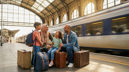 Fototapeta premium Familia feliz en estación esperando tren, maletas, luz natural, ambiente cálido, enfoque lifestyle, diversidad.