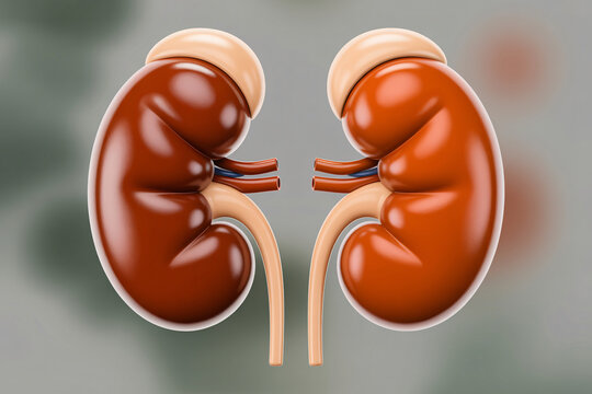 Human kidney anatomy illustration with ureters and blood vessels, medical concept