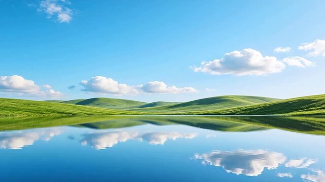 Landscape with green hills and lake