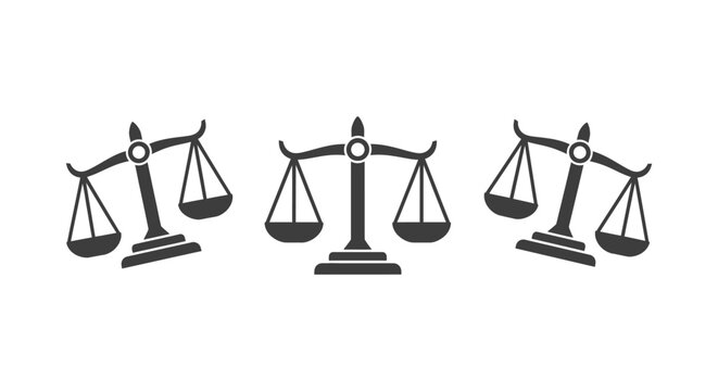 Vector graphic illustration featuring three different balance scales showing equilibrium and tilt for legal concepts.