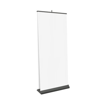 Blank white double-sided roll-up retractable banner stand. Realistic vector mockup. Pull-up roller standee. 3d mock-up. Kakemono rollup advertising display. Easy editable template for design