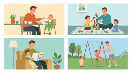 Fototapeta premium Father and children engaging in various activities together, illustrating family bonding and parental care.
