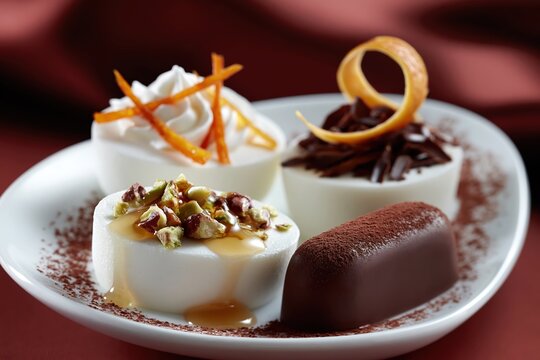 Gourmet dessert platter presenting various panna cotta miniatures with chocolate, pistachio, whipped cream, and orange garnish