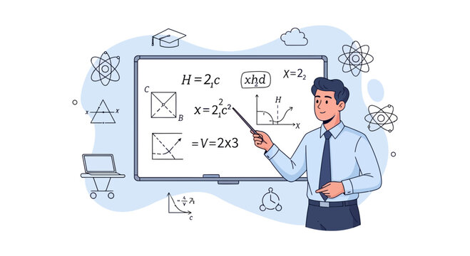 Math Teacher Explaining Equations on Whiteboard with Scientific Symbols