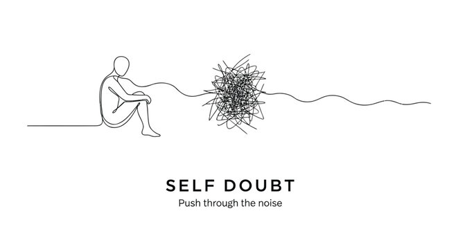 Minimalist line art illustration, self-doubt concept, motivational quote, mental health theme, vector graphics