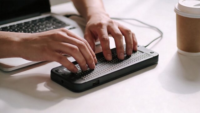 Hands using braille device on desk