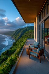 Obraz premium Balcony seating overlooking ocean cliffs at sunset terrace