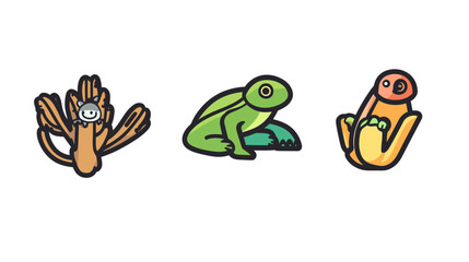 Fototapeta premium Colorful cartoon illustrations of three creatures a bug with arms, a frog, and a mythical being