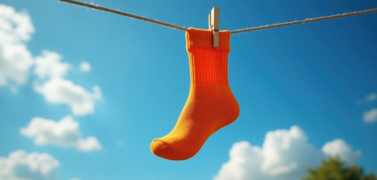 Single orange sock hangs on clothesline against blue sky with clouds. This whimsical image suggests laundry day chores and forgotten items. It conveys a feeling of carefree simplicity and summer.