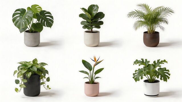 Six potted indoor plants on white background