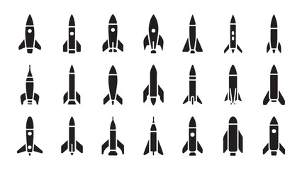 Rocket ship silhouettes collection with various designs of spacecraft and ballistic missile shapes. © Md