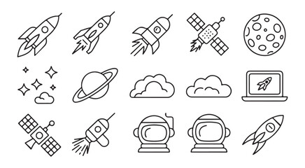 Space exploration line icons set with planets rockets satellites astronaut helmets and starry sky. © Md
