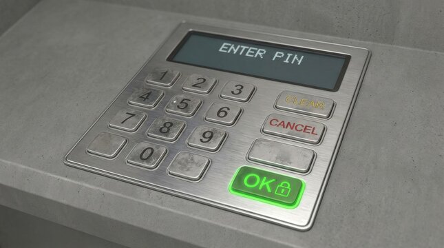 Close-up of a modern ATM machine keypad with illuminated OK button for pin entry