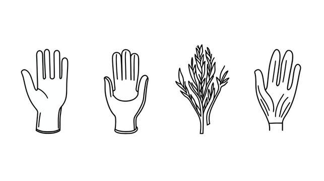 Black line art depicts two open hands and a sprig-like plant, all set against a pure white background