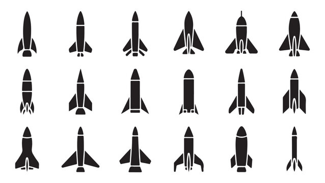 Aerospace vehicle icons featuring different rocket stages and missile designs in black silhouettes.