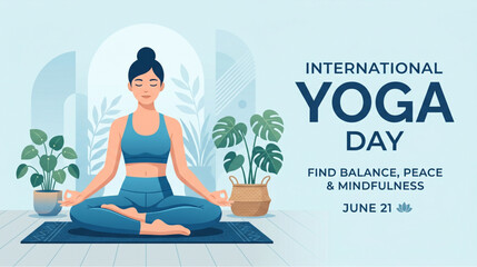 Obraz premium Yoga meditation woman sitting at home interior with plants for wellness lifestyle banner design showing calm balance mindfulness and international yoga day theme