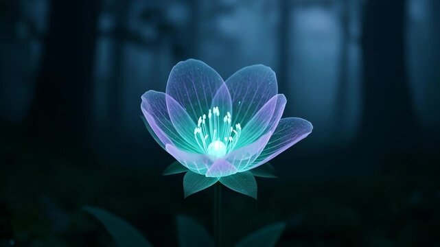 Glowing blue lotus flower in forest.