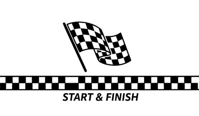 A striking black and white illustration of a checkered racing flag waving above a finish line banner symbolizing victory and competition © vector design 