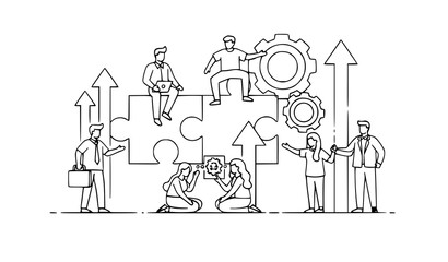 Naklejka premium Teamwork and collaboration concept people working together on business strategy and problem solving with gears and arrows