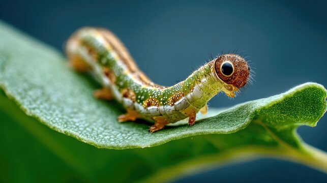 A macro shot of a caterpillar munching on a green leaf, capturing the tiny details of its body and the texture of the leaf.