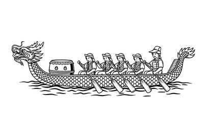 Vintage black and white illustration of a dragon boat race with team of rowers in traditional hats © vector design 