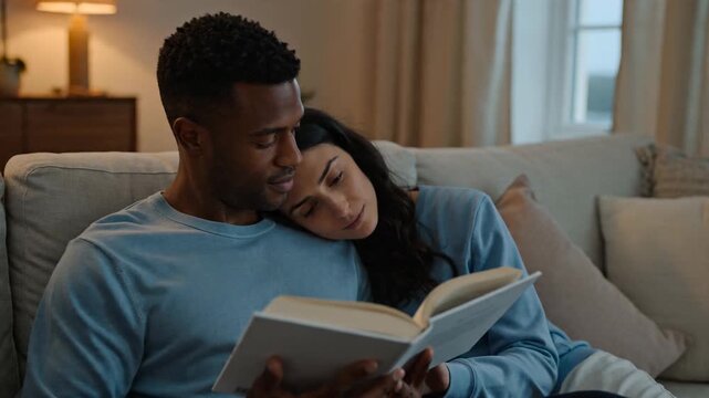 Loving Couple Reading Together on Sofa, Sharing Intimate Moments and Enjoying a Cozy Evening at Home